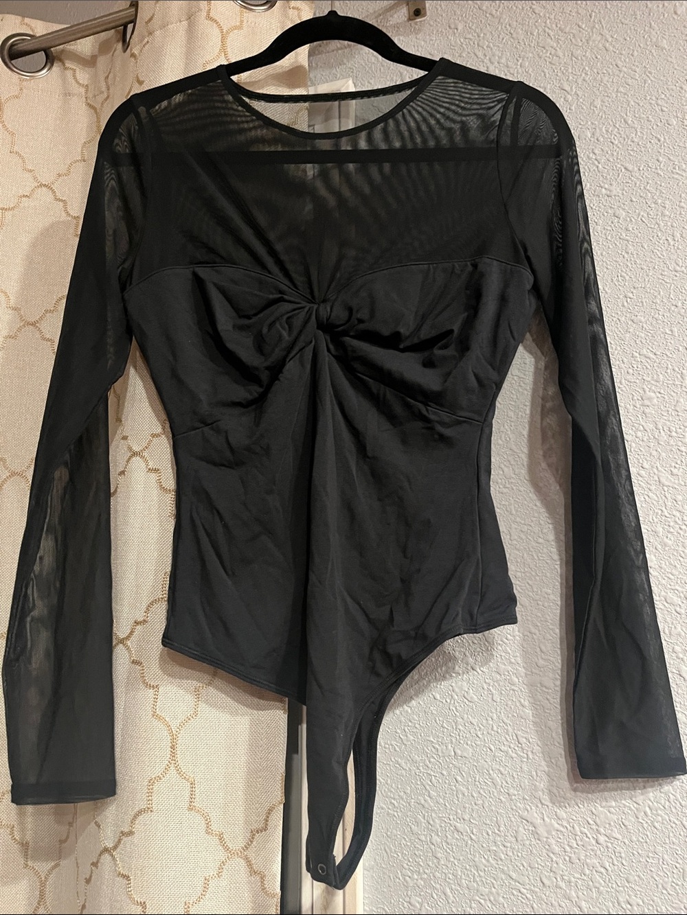 Abercrombie & Fitch Black Long-Sleeve Twist-Front Mesh Bodysuit